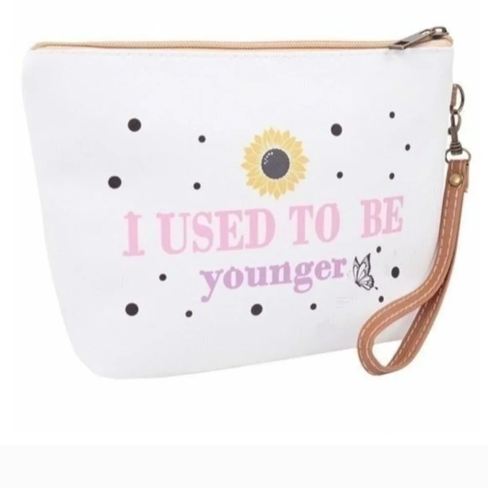 I Used To Be Younger White Canvas Zipper Pouch W/ Wristlet Strap-NEW